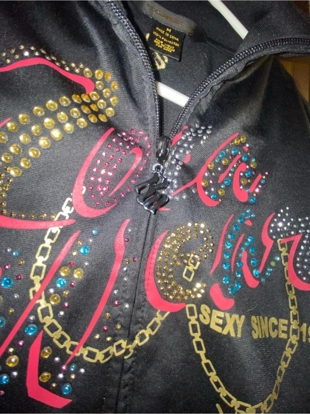 Rocawear Black Bomber Jacket with Multicolor Rhinestone Logo